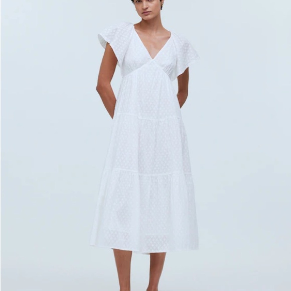 Tie-Back Flutter-Sleeve Tiered Midi Dress